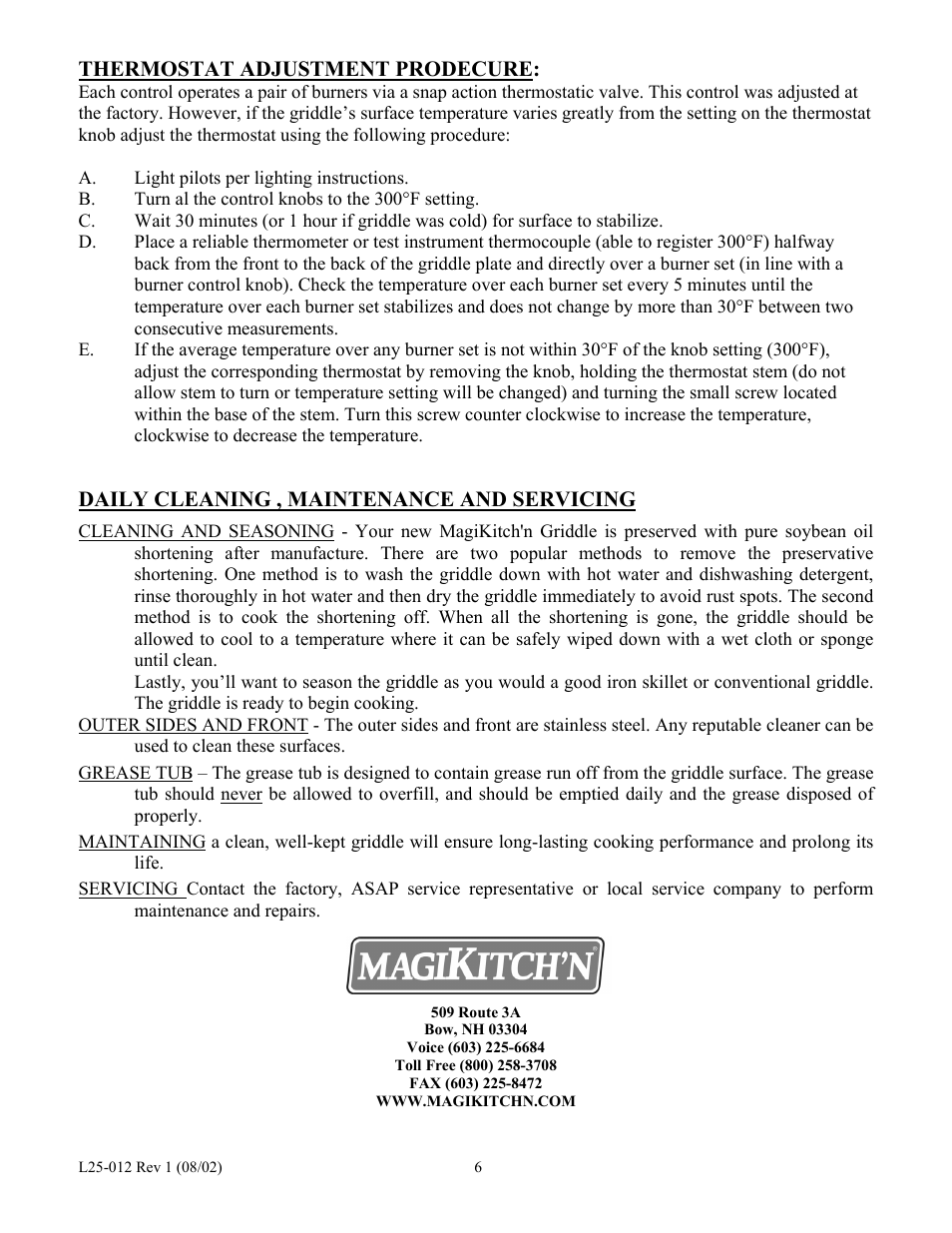 Thermostat adjustment prodecure, Daily cleaning , maintenance and servicing | Magikitch'n MKG36 User Manual | Page 8 / 24