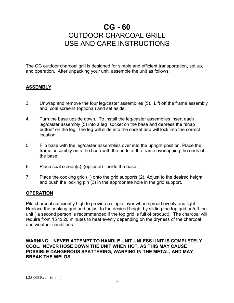 Cg - 60, Outdoor charcoal grill use and care instructions | Magikitch'n CG-60 User Manual | Page 2 / 8
