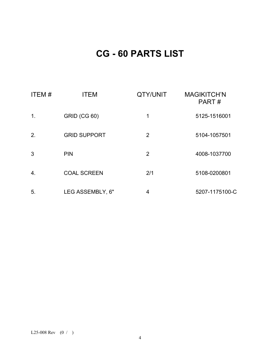 Cg - 60 parts list | Magikitch'n CG-60 User Manual | Page 4 / 8
