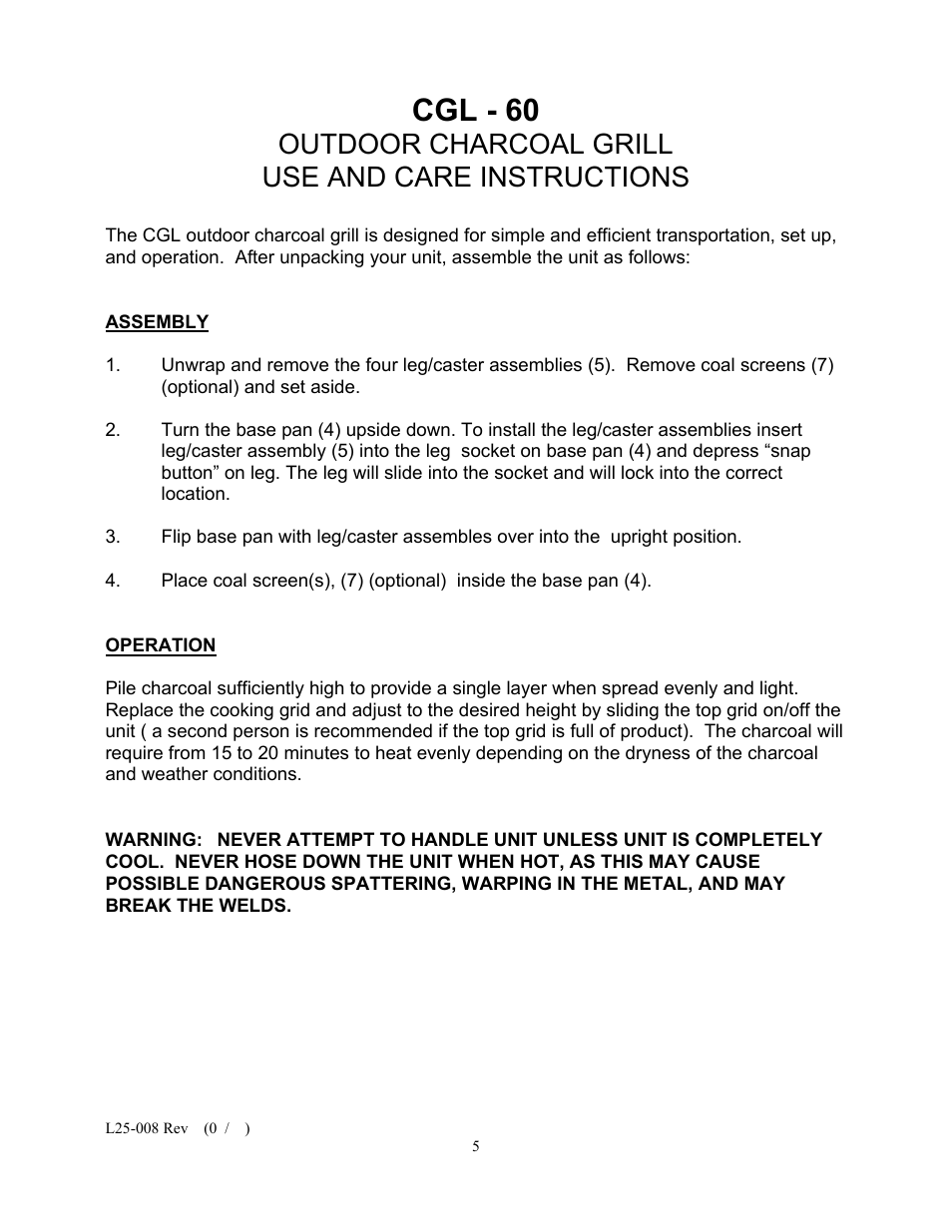 Cgl - 60, Outdoor charcoal grill use and care instructions | Magikitch'n CG-60 User Manual | Page 5 / 8