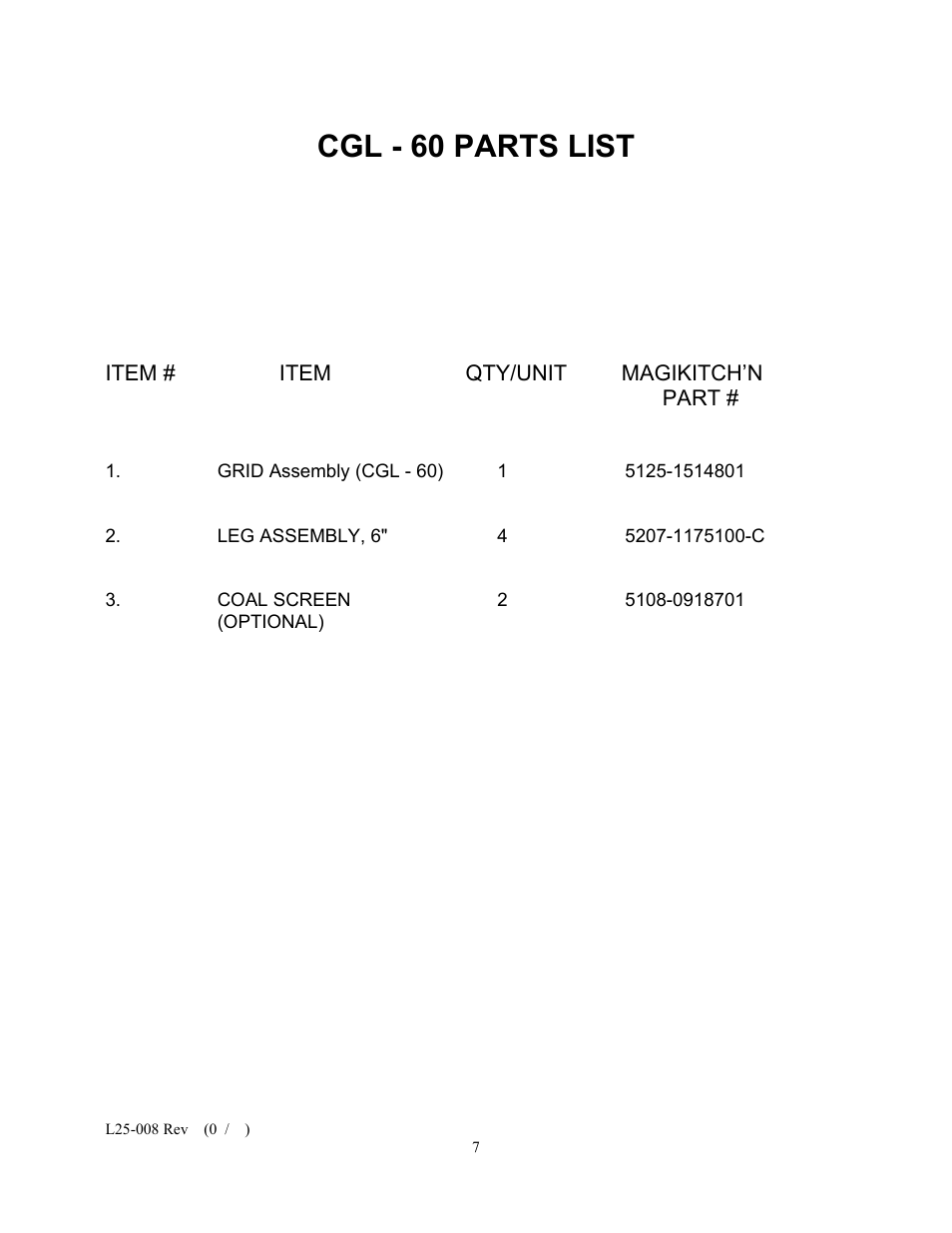 Cgl - 60 parts list | Magikitch'n CG-60 User Manual | Page 7 / 8