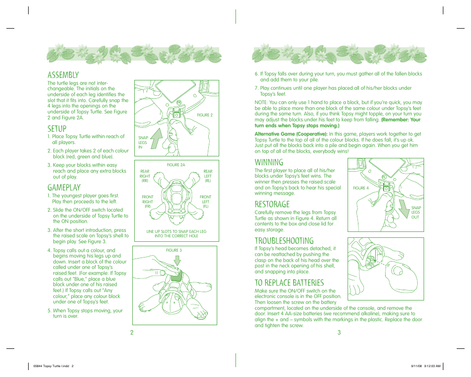 Assembly, Setup, Gameplay | Winning, Restorage, Troubleshooting | Milton Bradley Topsy Turtle 5844 User Manual | Page 2 / 2