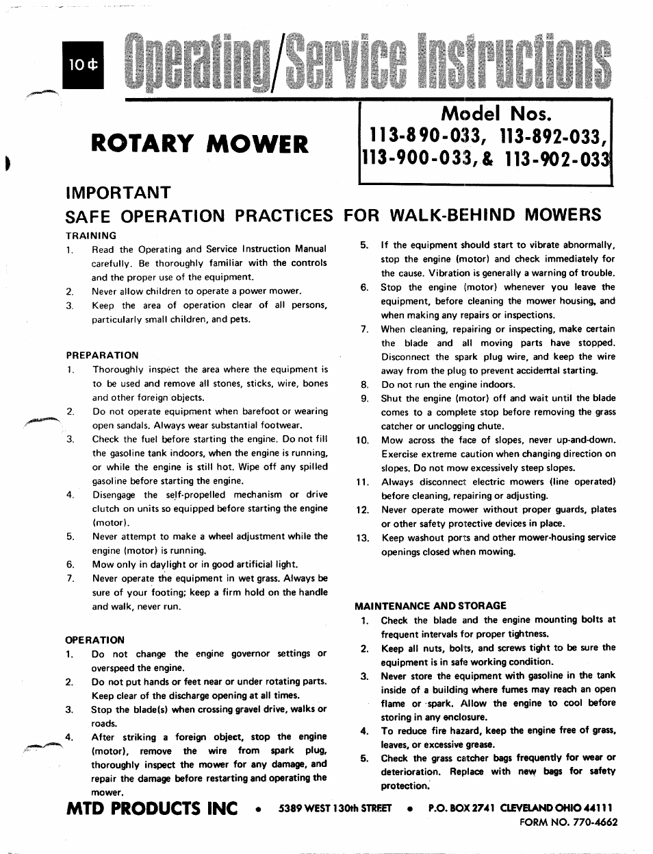 MTD 113-892-033 User Manual | 8 pages