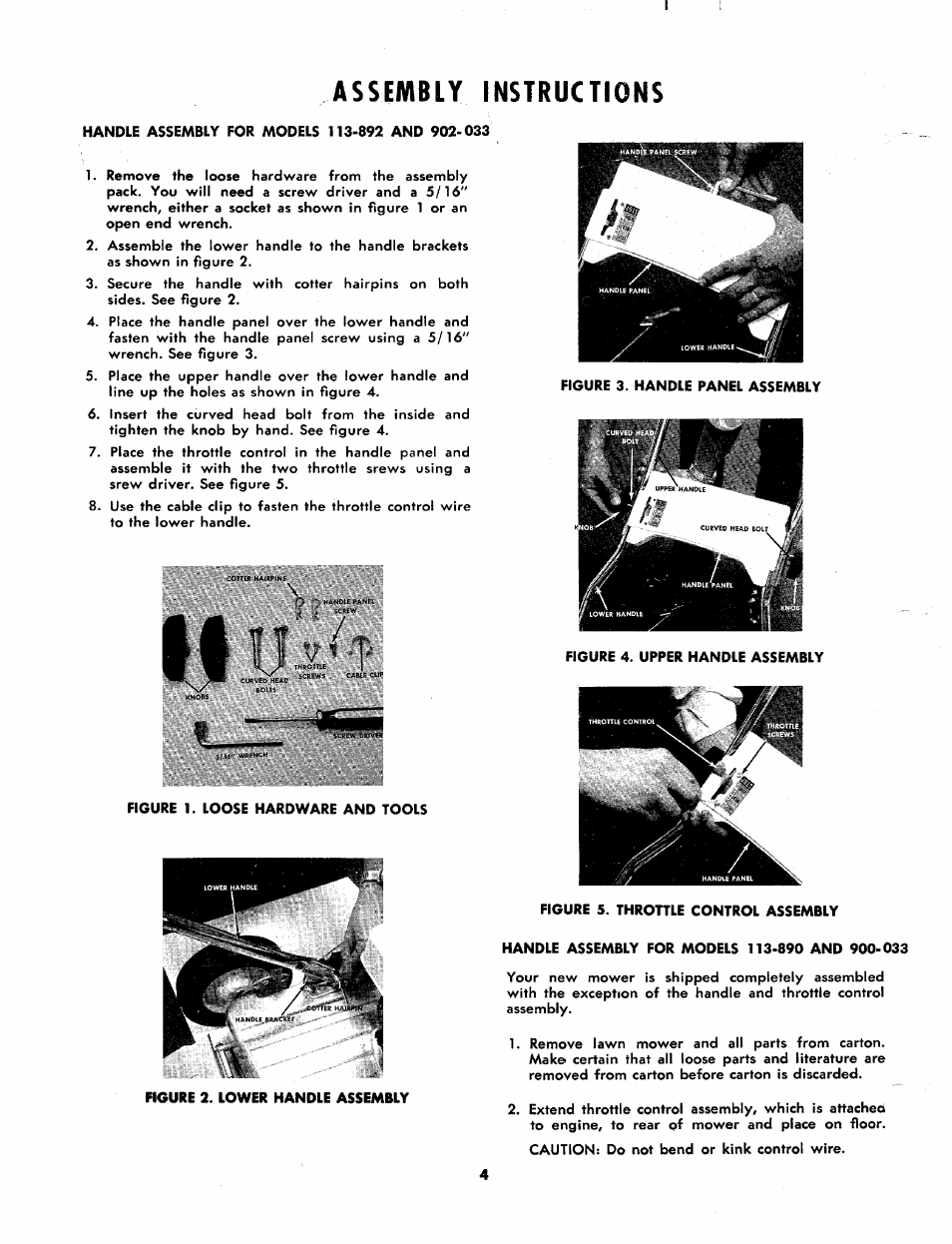 Assembly instructions, Handle assembly for models 113-892 and 902-033, Handle assembly for models 113-890 and 900-033 | MTD 113-892-033 User Manual | Page 4 / 8