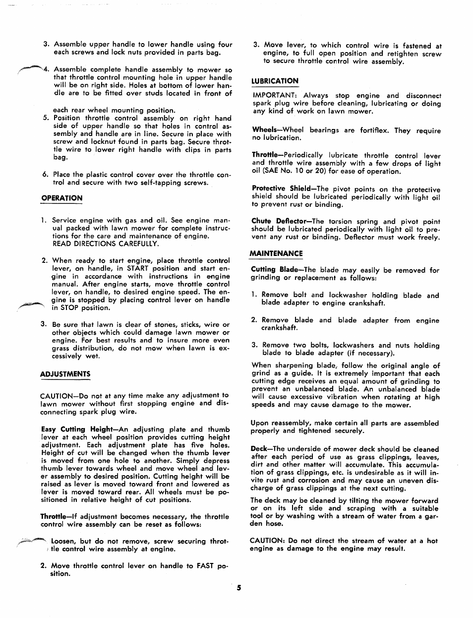 Operation, Adjustments, Lubrication | Maintenance | MTD 113-892-033 User Manual | Page 5 / 8