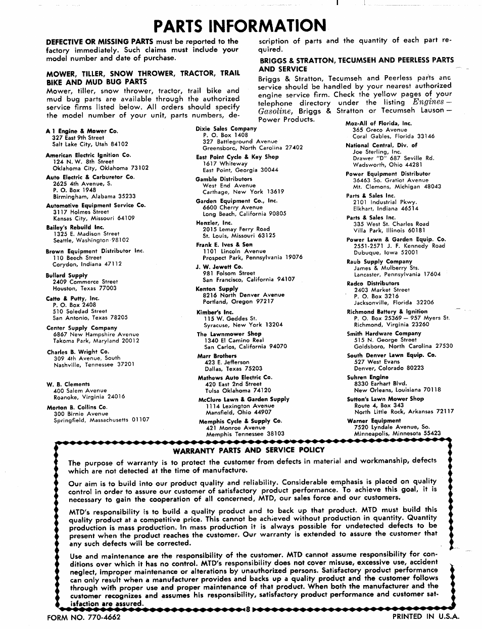 Parts information, Engines, Gasoline | MTD 113-892-033 User Manual | Page 8 / 8