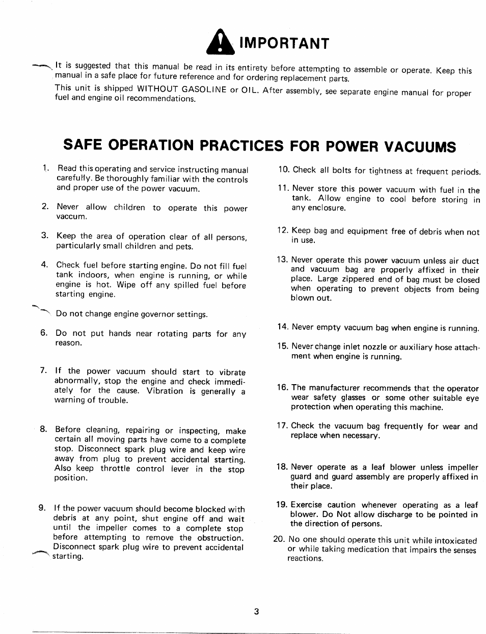 Important, Safe operation practices for power vacuums | MTD 24677C User Manual | Page 3 / 16