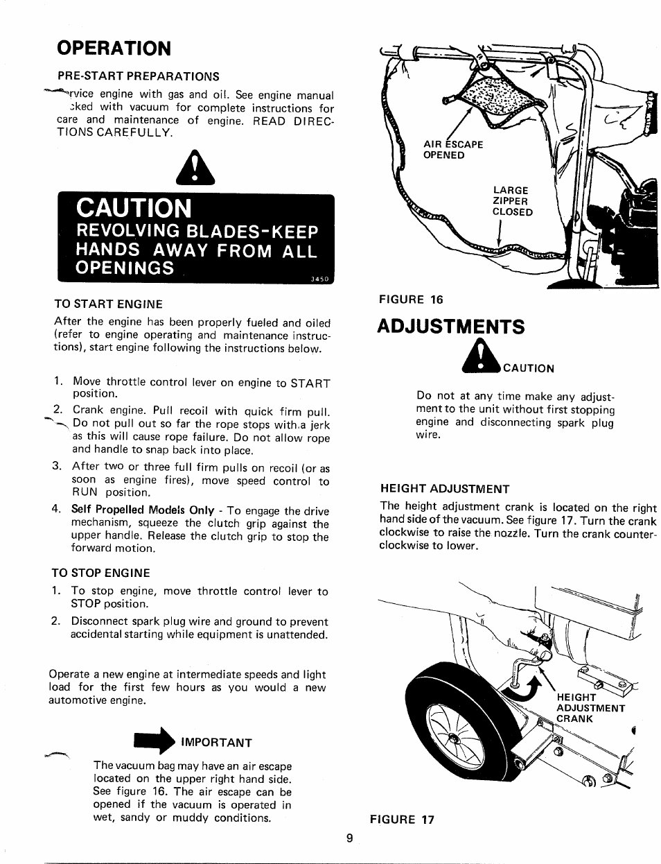 Operation, Caution, Adjustments | Revolving blades-keep hands away from all openings | MTD 24677C User Manual | Page 9 / 16