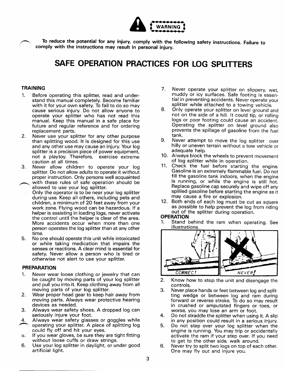 I warning, Safe operation practices for log splitters, Training | Preparation | MTD 24645-8 User Manual | Page 3 / 16