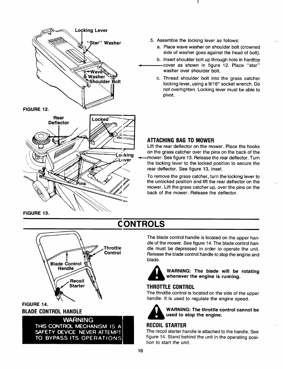 Attaching bag to mower, Controls, Throttle control | Blade control handle, Recoil starter | MTD 110-428R000 User Manual | Page 10 / 19