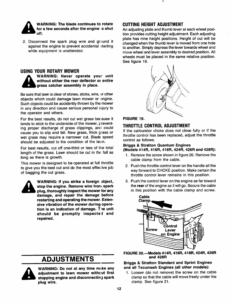 Using your rotary mower, Adjustments, Cutting height adjustment | Throhle control adjustment | MTD 110-428R000 User Manual | Page 12 / 19