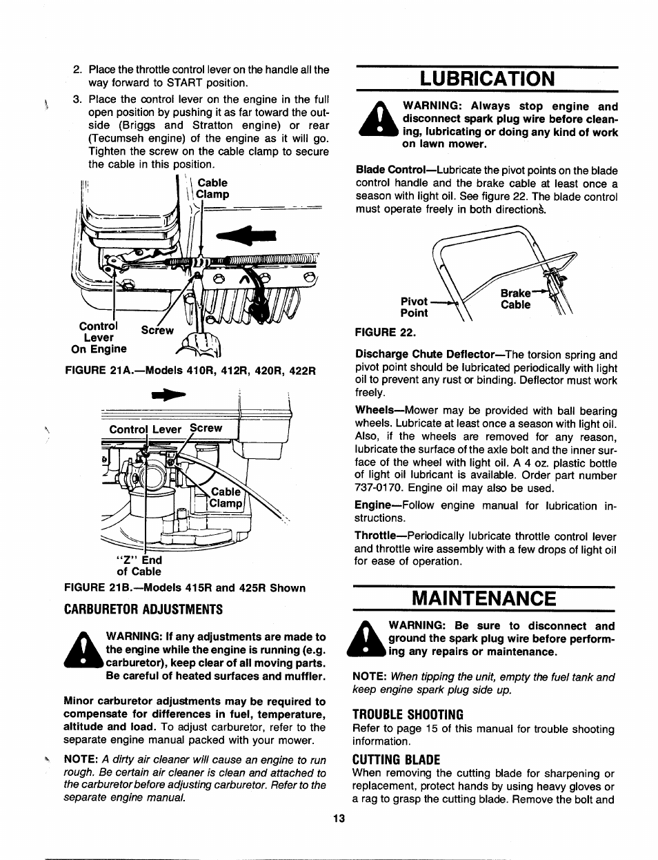 Lubrication, Carburetor adjustments, Maintenance | Trouble shooting, Cuning blade, Lubrication maintenance | MTD 110-428R000 User Manual | Page 13 / 19