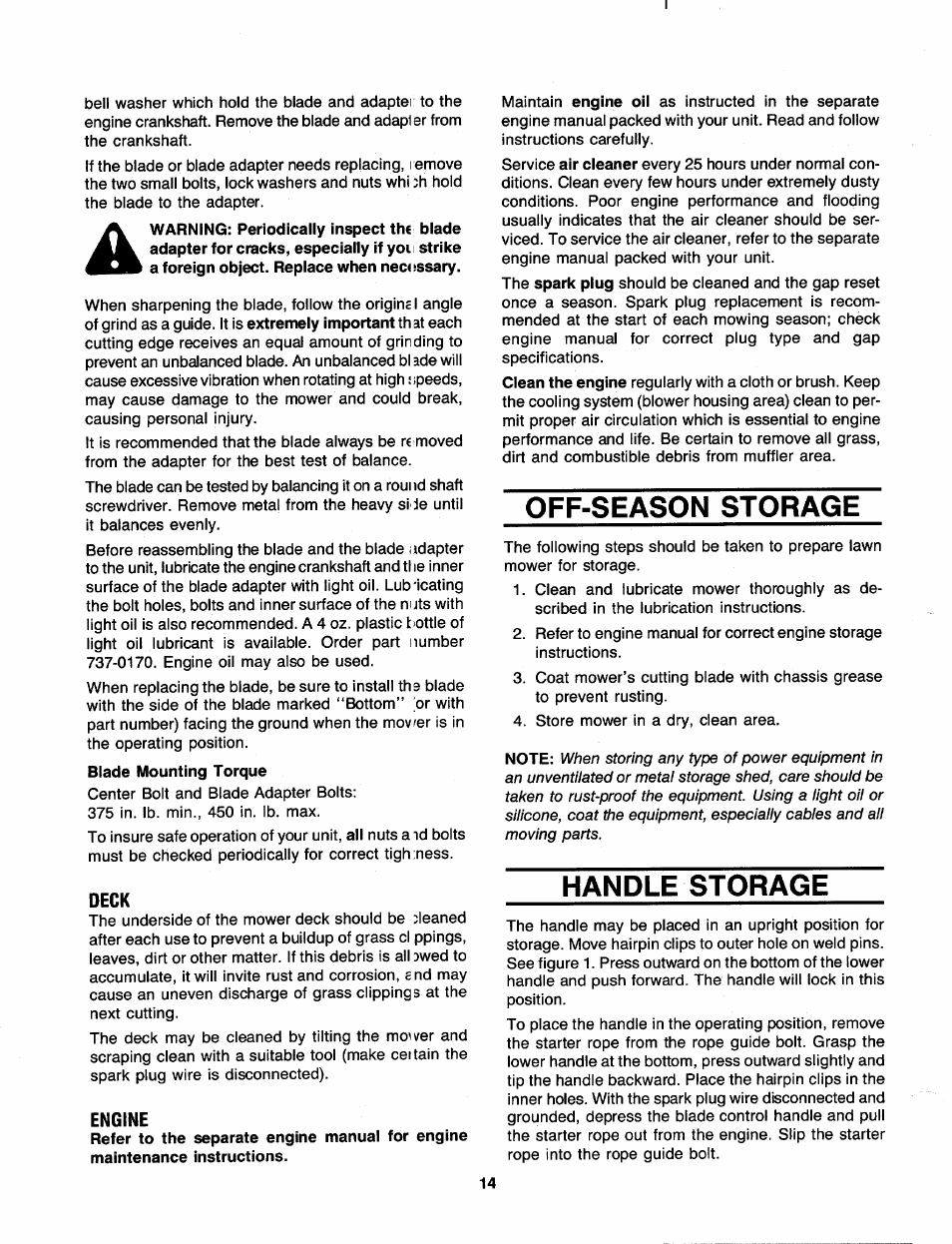 Deck, Engine, Off-season storage | Handle storage | MTD 110-428R000 User Manual | Page 14 / 19