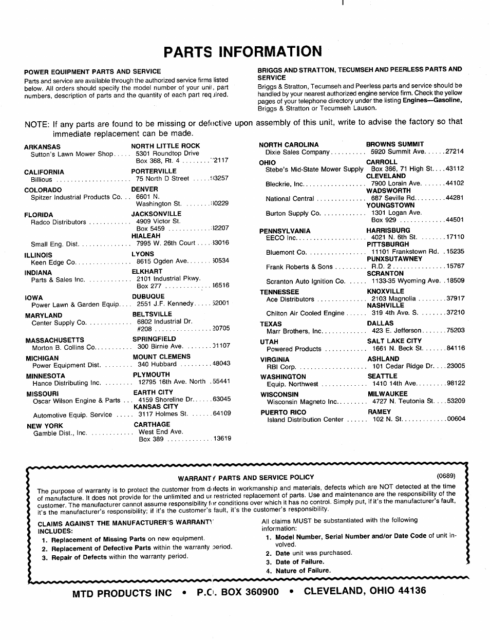 Parts information | MTD 110-428R000 User Manual | Page 19 / 19