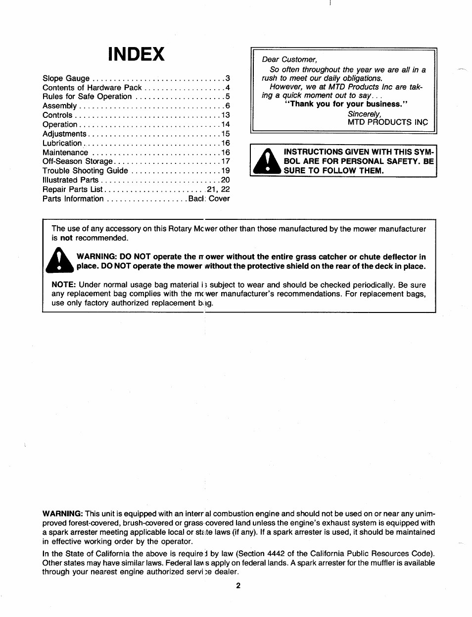 Index | MTD 110-428R000 User Manual | Page 2 / 19