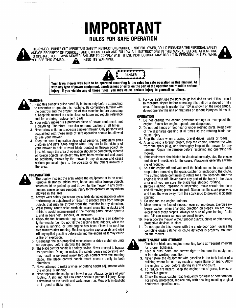 Important, Rules for safe operation | MTD 110-428R000 User Manual | Page 5 / 19