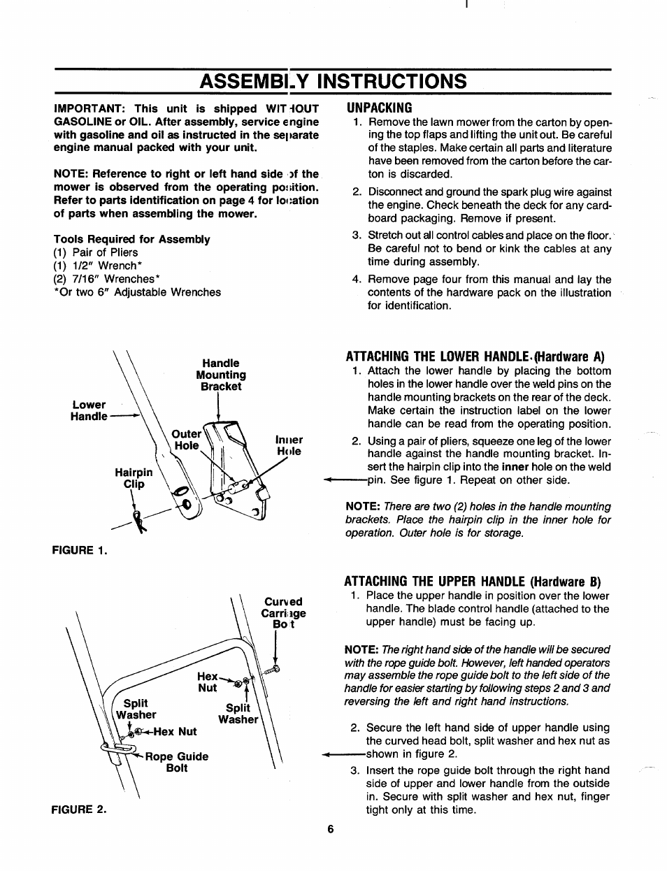 Assembly instructions, Unpacking, Attaching the lower handle, ^ardware a) | Attaching the upper handle (hardware b) | MTD 110-428R000 User Manual | Page 6 / 19