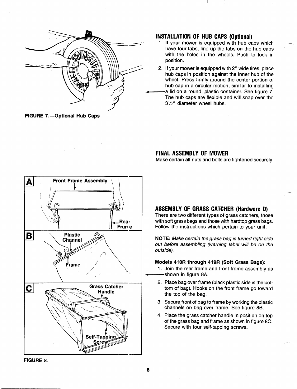 Installation of hub caps (optional), Final assembly of mower, Assembly of grass catcher (hardware 0) | MTD 110-428R000 User Manual | Page 8 / 19