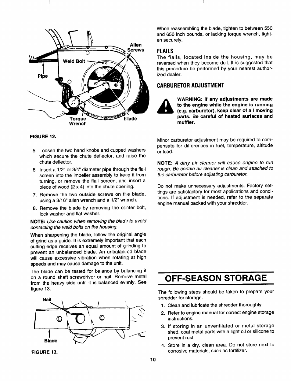 Off-season storage, Flails, Carburetor adjustment | MTD Shredder 642D thru 648D User Manual | Page 10 / 12