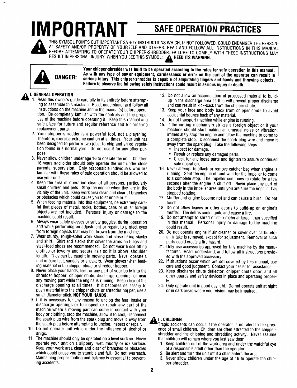 Important a, Important, Safe operation practices | MTD Shredder 642D thru 648D User Manual | Page 2 / 12