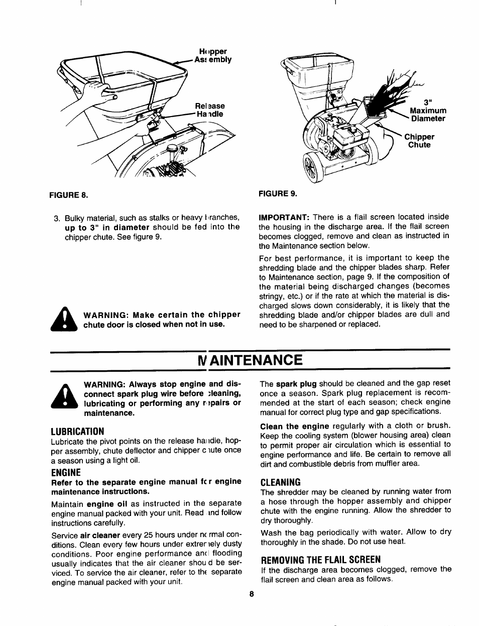 I\/aintenance, Lubrication, Engine | Cleaning, Removing the flail screen | MTD Shredder 642D thru 648D User Manual | Page 8 / 12