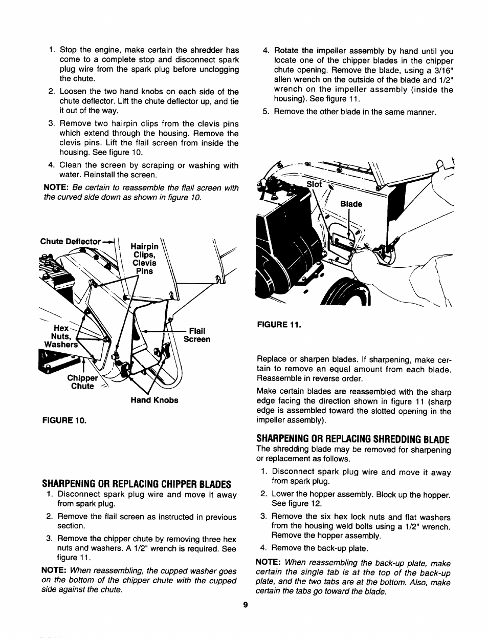 Sharpening or replacing chipper blades, Sharpening or replacing shredding blade | MTD Shredder 642D thru 648D User Manual | Page 9 / 12