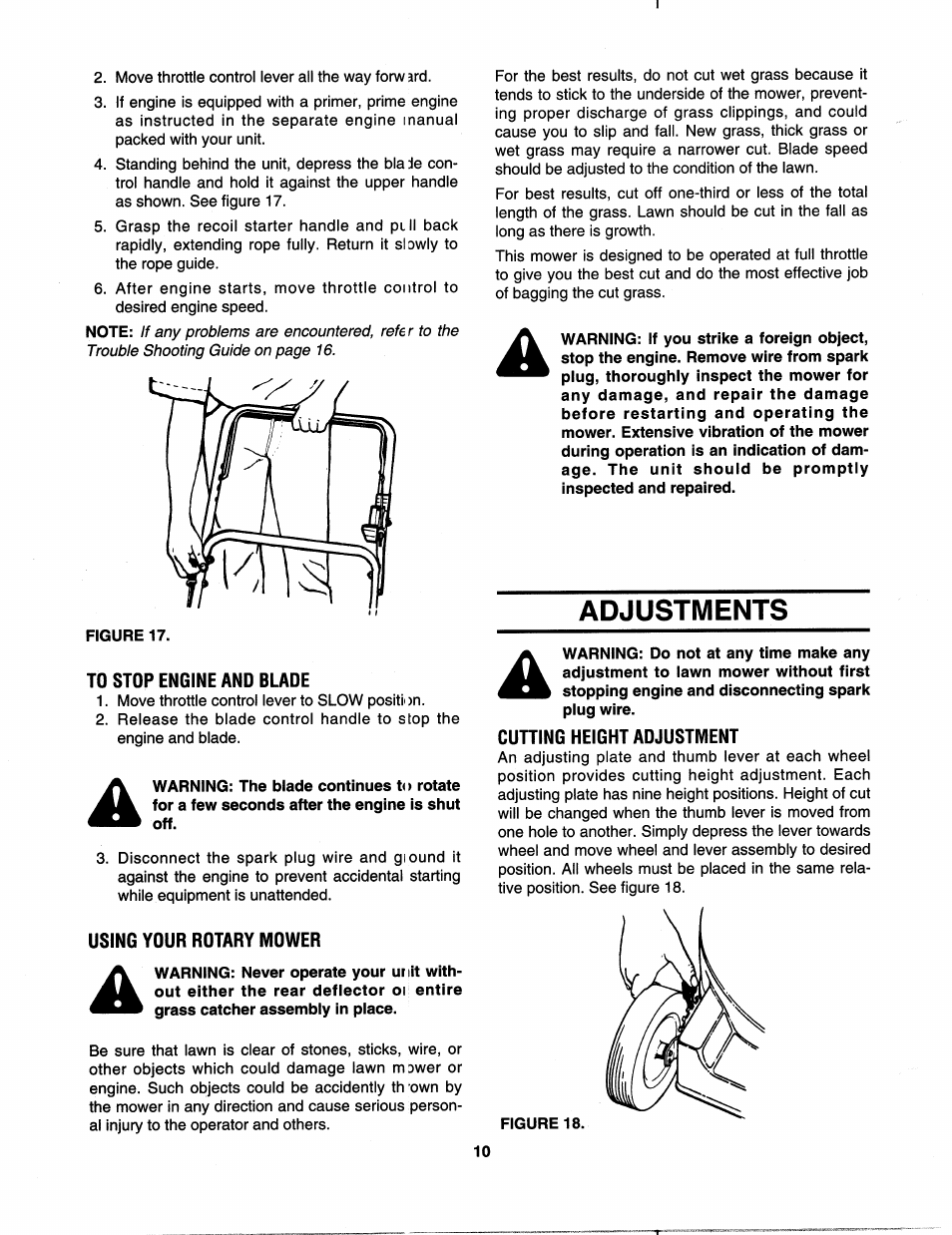 Figure 17, To stop engine and blade, Using your rotary mower | Adjustments, Cutting height adjustment | MTD 112-518R000 User Manual | Page 10 / 16