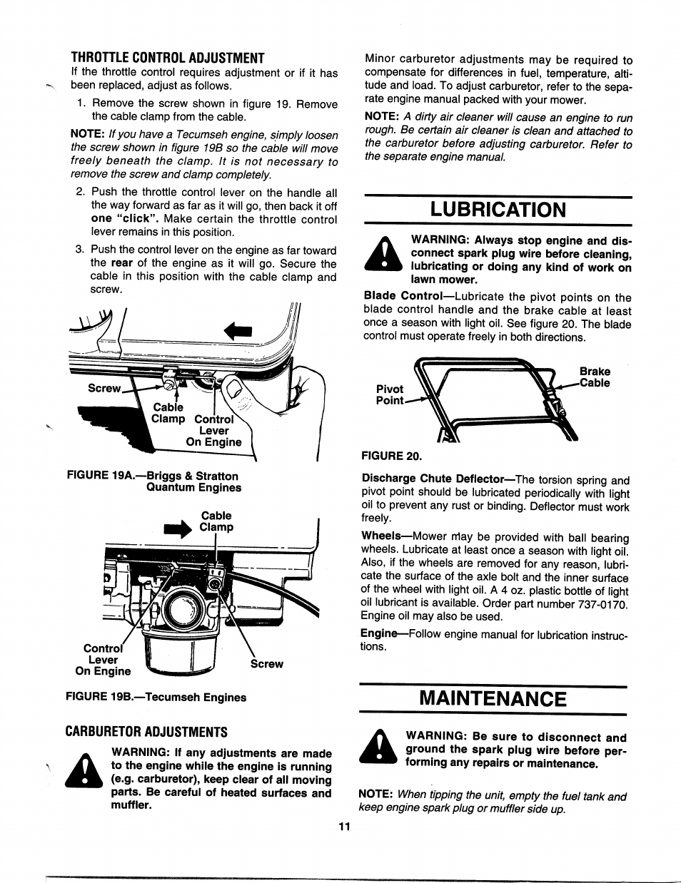 Throttle control adjustment, Figure 19a.—briggs & stratton quantum engines, Lubrication | Maintenance, Carburetor adjustments | MTD 112-518R000 User Manual | Page 11 / 16