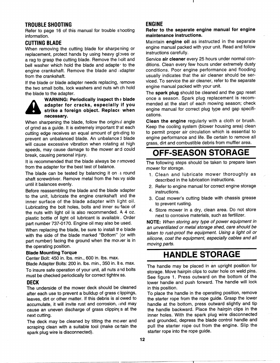 Trouble shooting, Cutting blade, Deck | Engine, Off-season storage, Handle storage | MTD 112-518R000 User Manual | Page 12 / 16