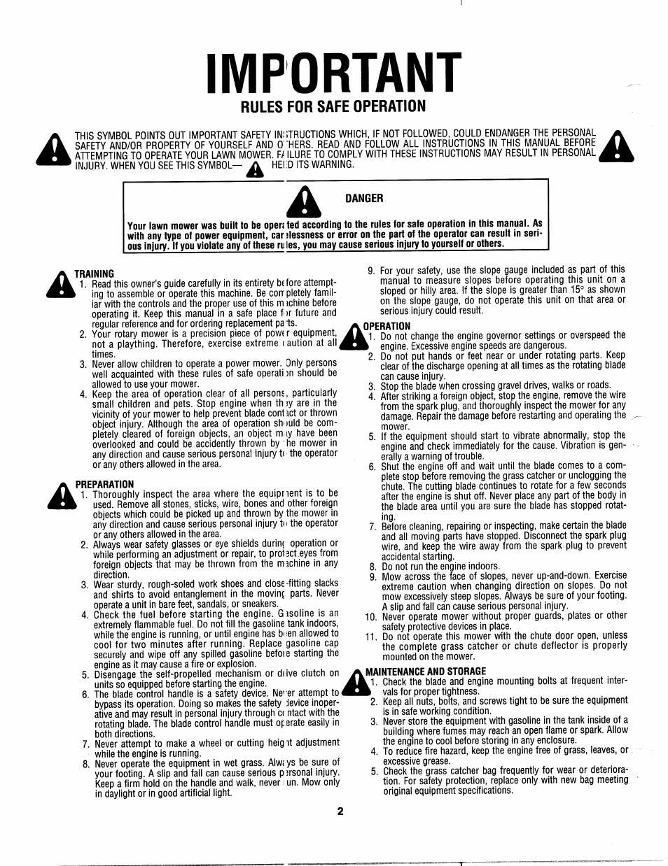 Danger, Training, Preparation | Operation, Maintenance and storage, Important, Rules for safe operation | MTD 112-518R000 User Manual | Page 2 / 16