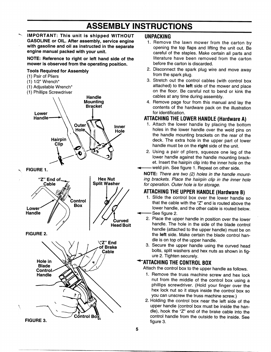 Assembly instructions, Unpacking, Attaching the lower handle (hardware a) | Attaching the upper handle (hardware b), Attaching the cdntrdl bdx | MTD 112-518R000 User Manual | Page 5 / 16