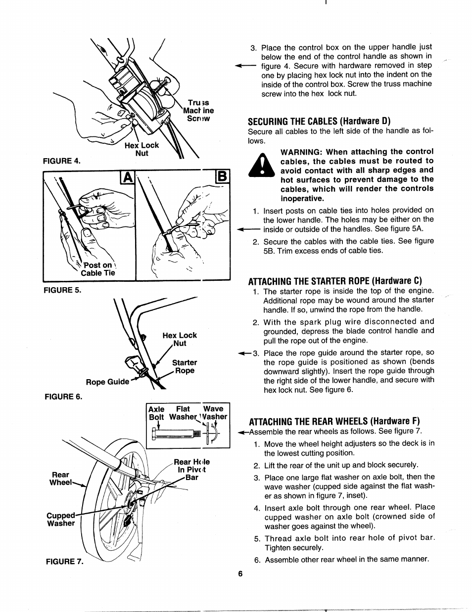 Securing the cables (hardware d), Attaching the starter rope (hardware c), Attaching the rear wheels (hardware f) | MTD 112-518R000 User Manual | Page 6 / 16