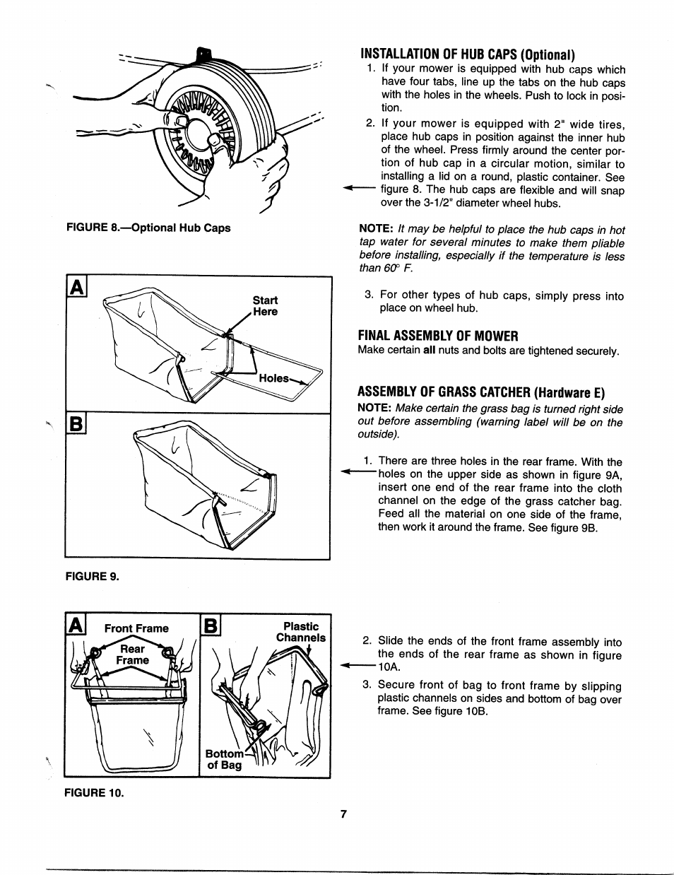 Installation of hub caps (optional), Final assembly of mower, Assembly of grass catcher (hardware e) | MTD 112-518R000 User Manual | Page 7 / 16