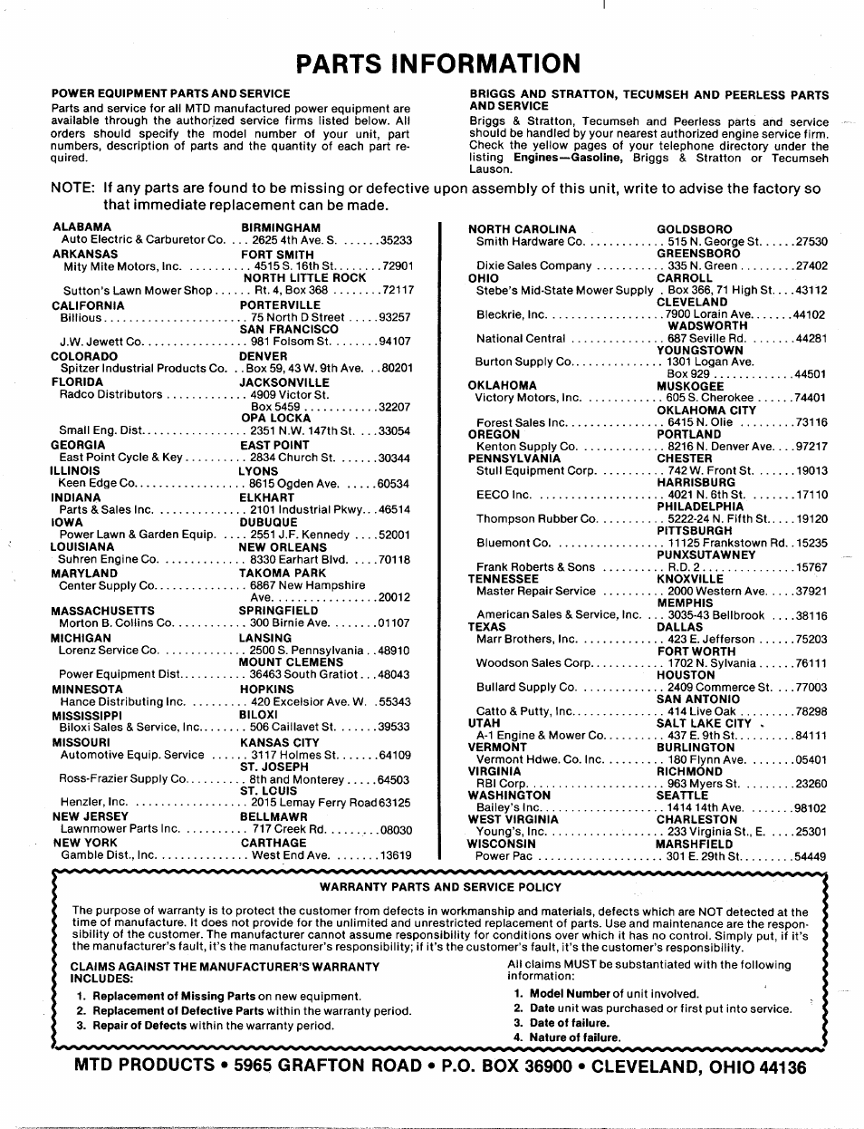 Parts information | MTD 111-902A User Manual | Page 14 / 14