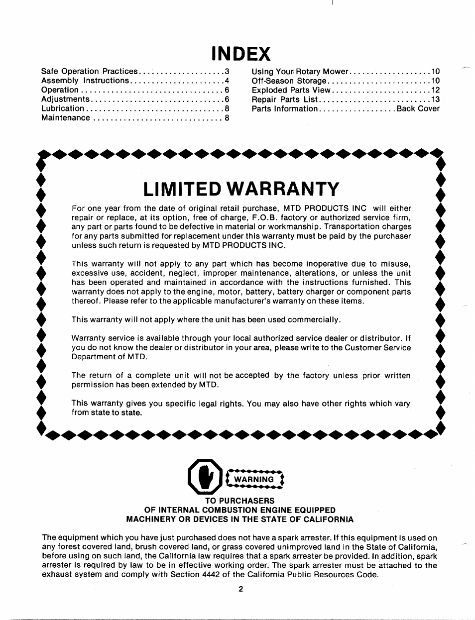 Index, Limited warranty, Warning t | To purchasers | MTD 111-902A User Manual | Page 2 / 14