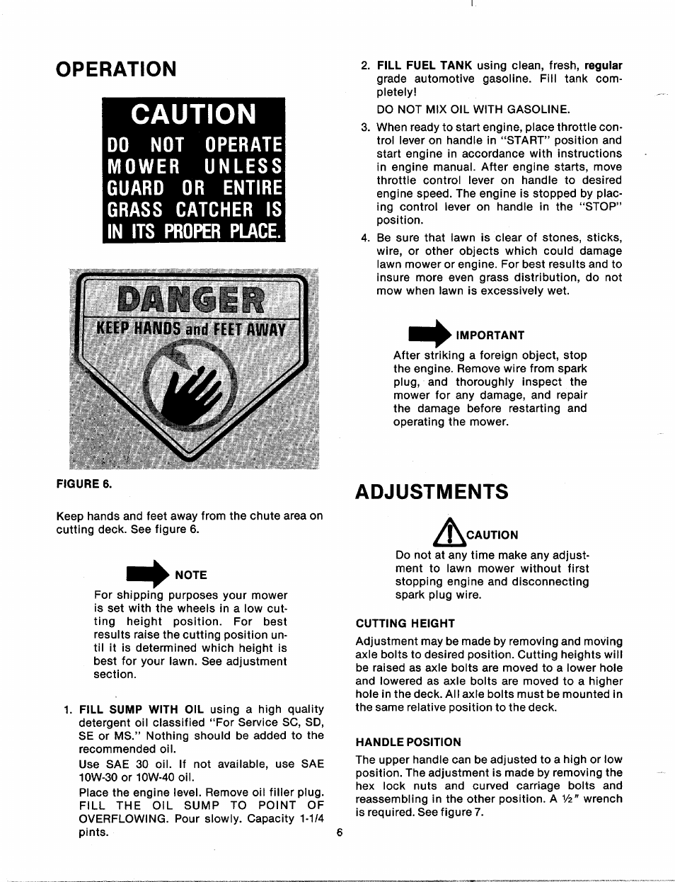 Caution, Note, Important | Adjustments, Cutting height, Handle position, Operation | MTD 111-902A User Manual | Page 6 / 14