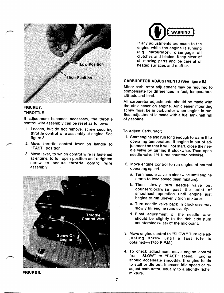 Figure, Throttle, Carburetor adjustments (see figure 9.) | MTD 111-902A User Manual | Page 7 / 14