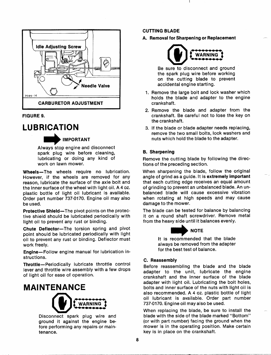 Cutting blade, Lubrication, Important | Maintenance, Warning, I warning, B. sharpening, Note, C. reassembly, Lubrication maintenance | MTD 111-902A User Manual | Page 8 / 14