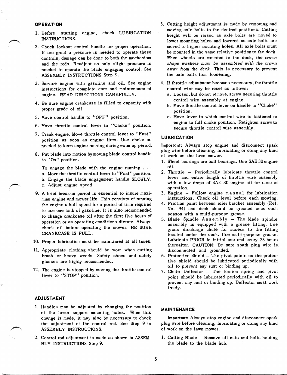 Operation, Lubrication, Adjustment | Maintenance | MTD 112-530 User Manual | Page 5 / 10