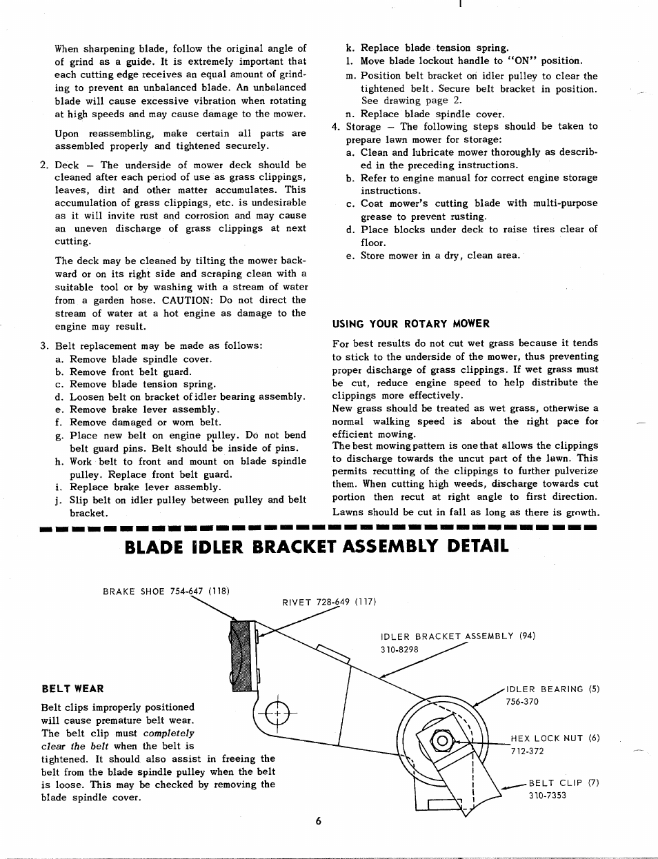 Using your rotary mower, Blade idler bracket assembly detail, Belt wear | MTD 112-530 User Manual | Page 6 / 10