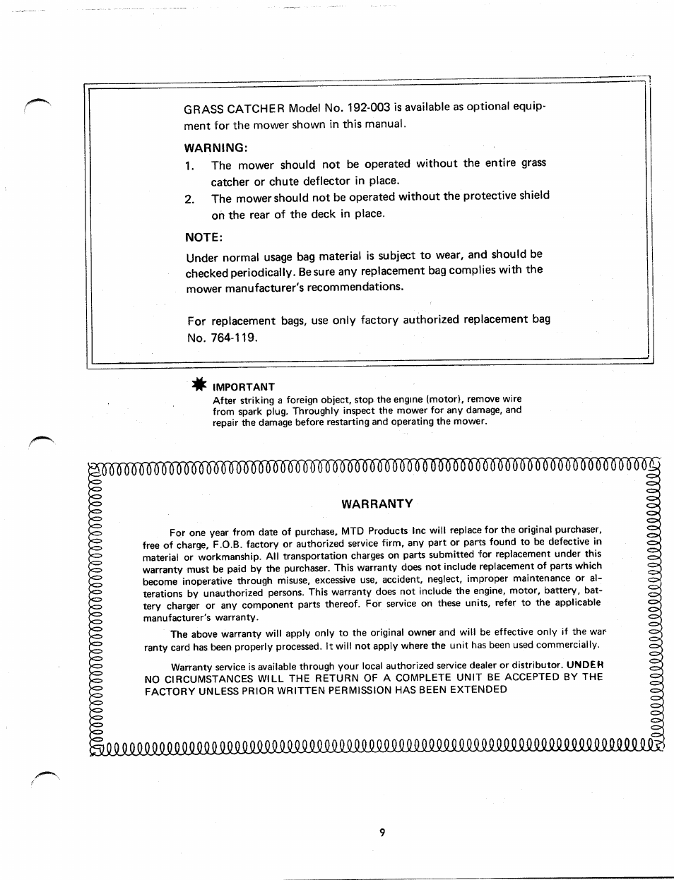 Warning, Note, Warranty | MTD 112-530 User Manual | Page 9 / 10
