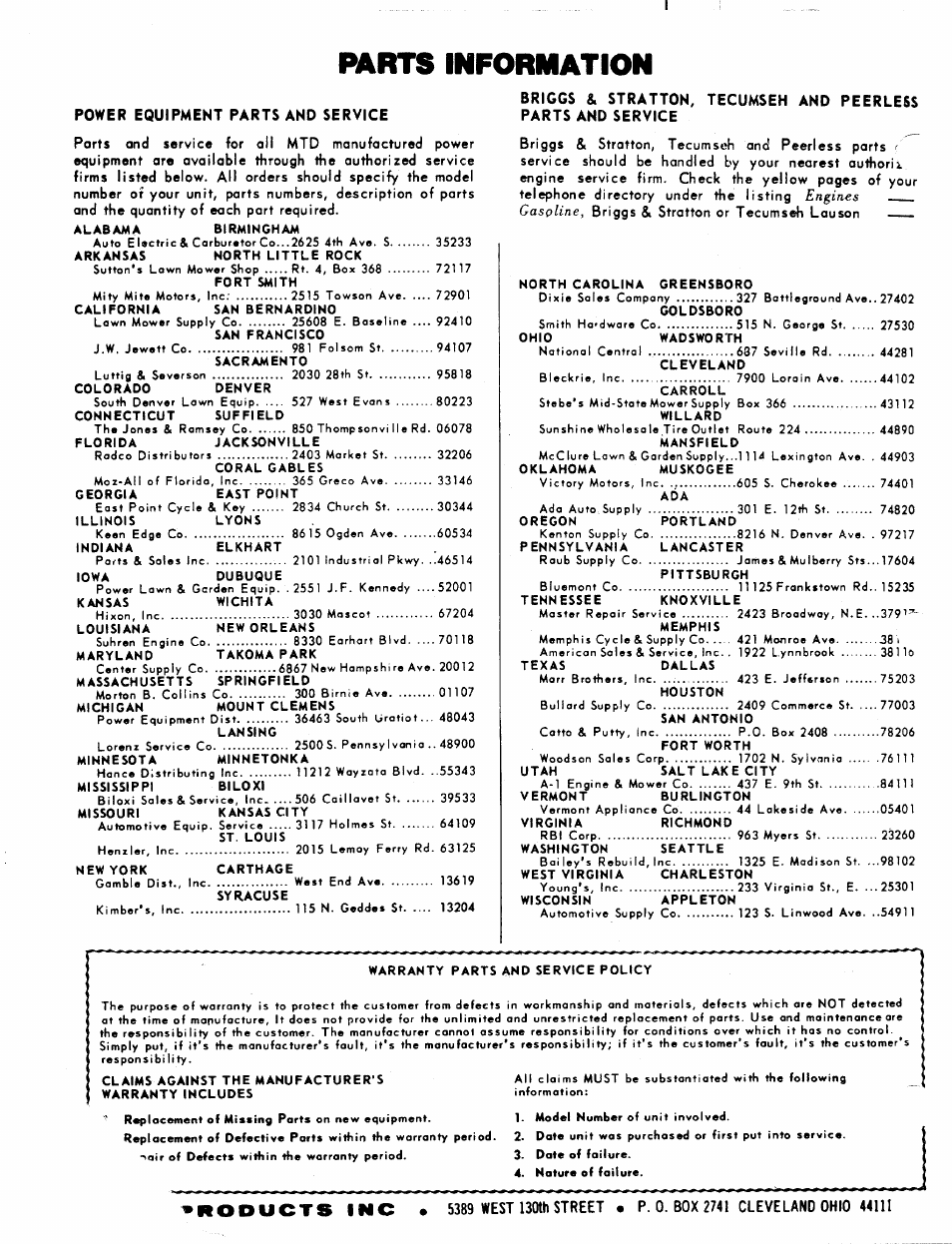Parts information, Products inc | MTD 24640-7 User Manual | Page 12 / 12