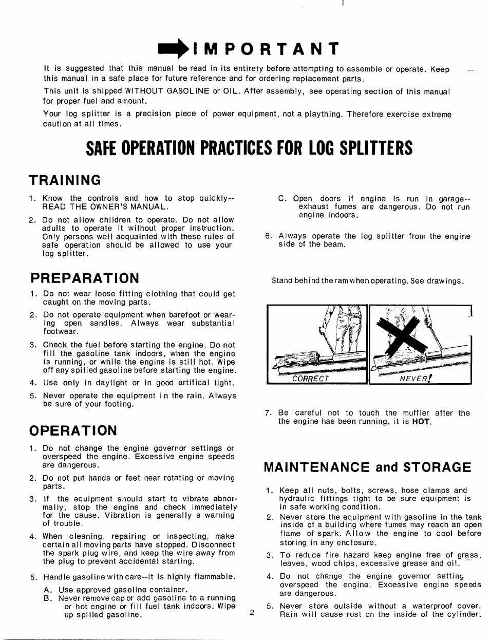 Im portant, Safe operation practices for log splitters, Feo \|ii | Training, Preparation, Operation, Maintenance and storage | MTD 24640-7 User Manual | Page 2 / 12