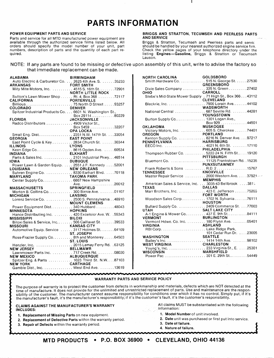 Parts information | MTD 112-112-033 User Manual | Page 12 / 12