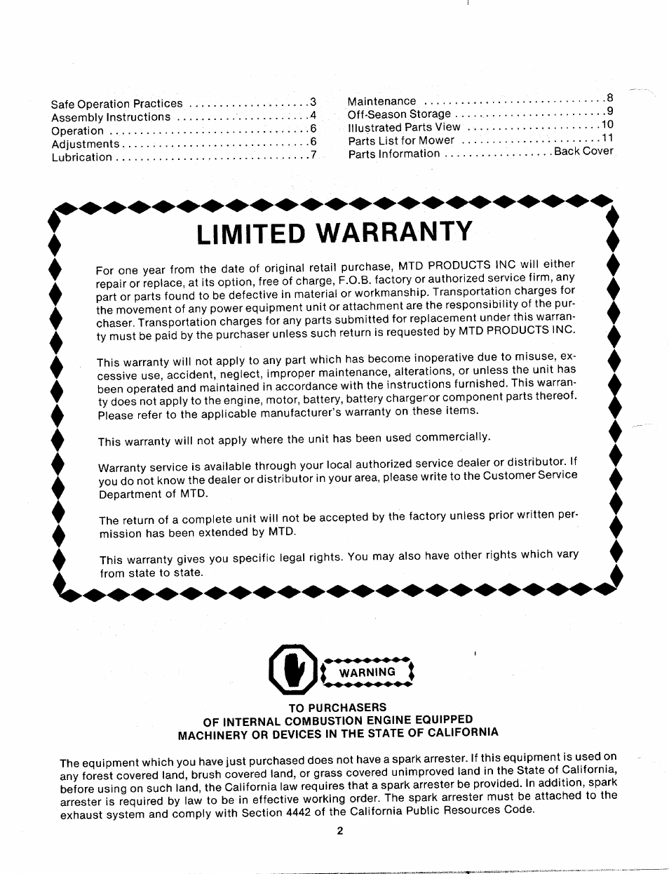 Limited warranty, Warning, To purchasers | 1 . limited warranty | MTD 112-112-033 User Manual | Page 2 / 12