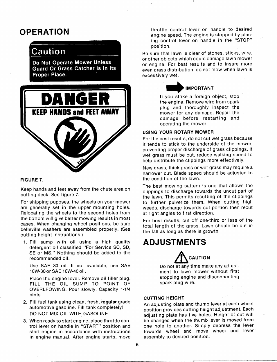 Operation, Important, Using your rotary mower | Adjustments, Caution, Cutting height | MTD 112-112-033 User Manual | Page 6 / 12