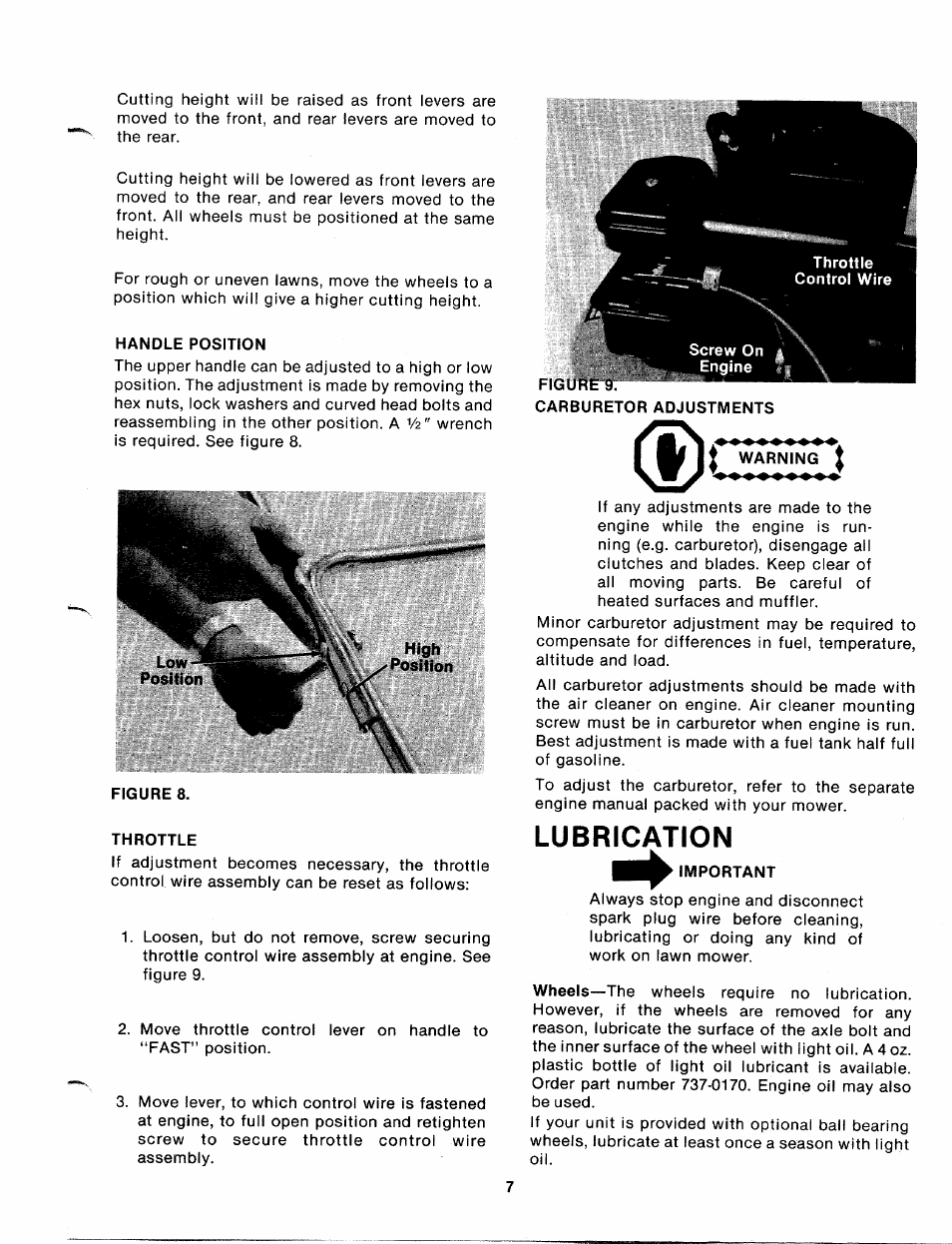 Handle position, Throttle, Warning j | Lubrication | MTD 112-112-033 User Manual | Page 7 / 12