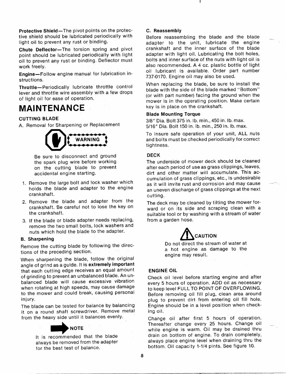 Maintenance, Cutting blade, I warning | Note, C. reassembly, Deck, Caution, Engine oil | MTD 112-112-033 User Manual | Page 8 / 12