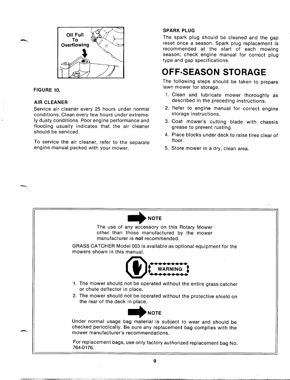 Figure 10, Air cleaner, Sparkplug | Off-season storage, Note, Warning | MTD 112-112-033 User Manual | Page 9 / 12