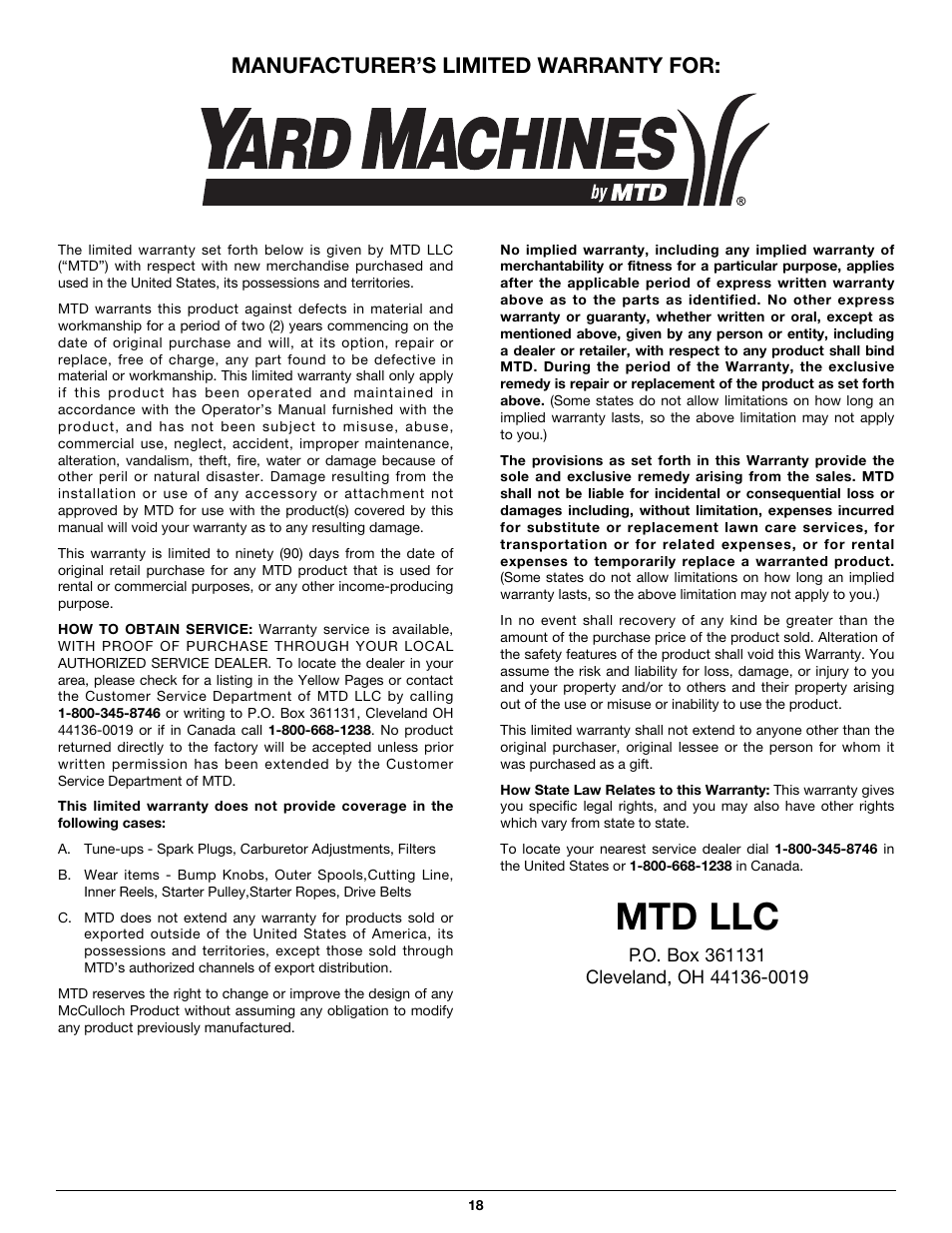 Mtd llc, Manufacturer’s limited warranty for | MTD Y26SS User Manual | Page 18 / 56